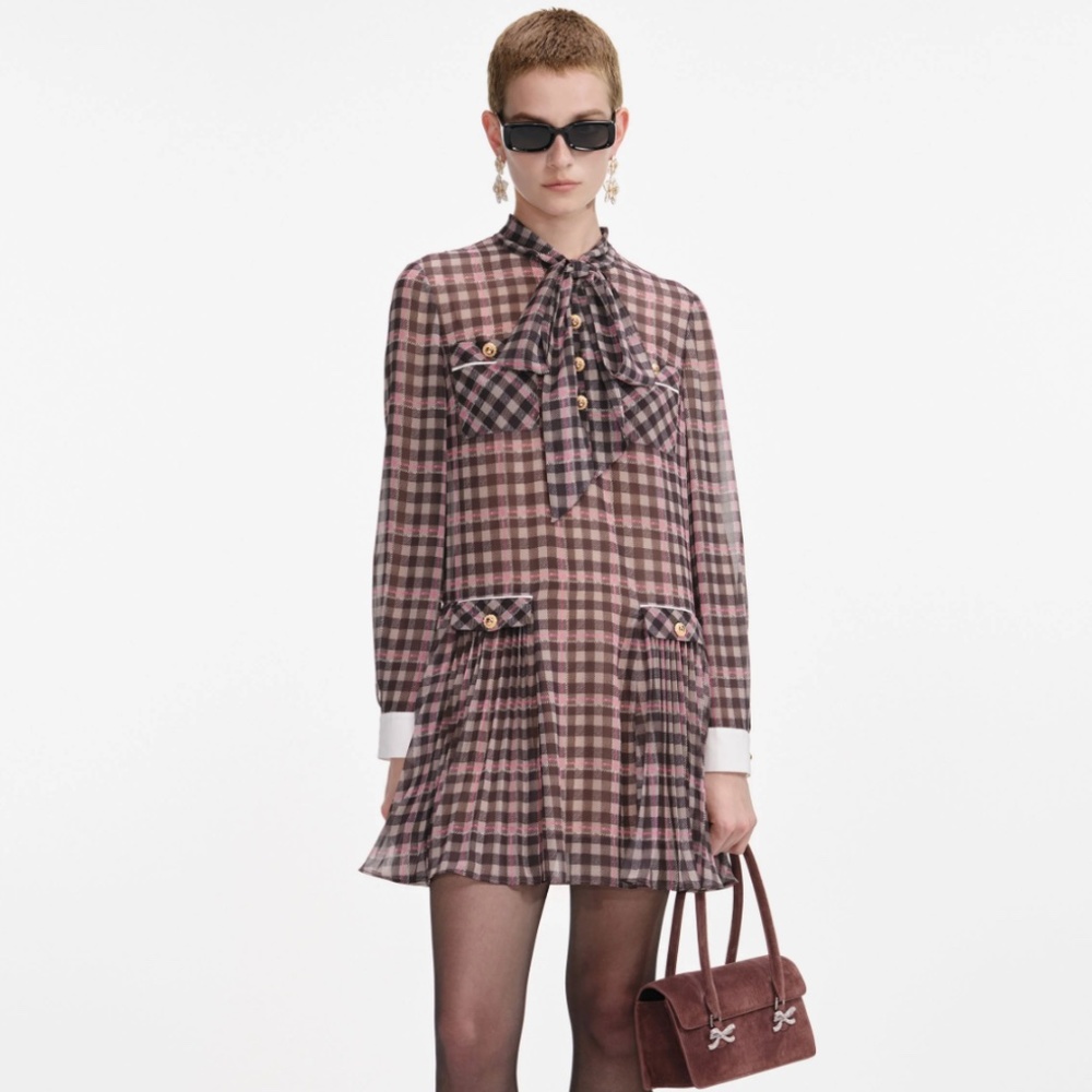 self-portrait Brown Check Chiffon Mini Dress US0 - MSRP $530 - NWT